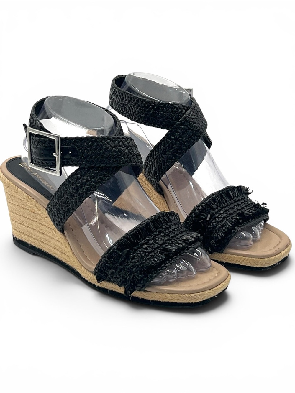 Enzo Angiolini Porcie2 Raffia Espadrille Wedge Sandals Black Ankle Strap Size 9